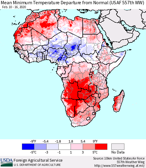 Africa Mean Minimum Temperature Departure from Normal (USAF 557th WW) Thematic Map For 2/10/2020 - 2/16/2020