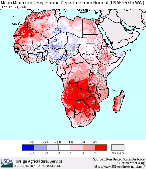 Africa Mean Minimum Temperature Departure from Normal (USAF 557th WW) Thematic Map For 2/17/2020 - 2/23/2020