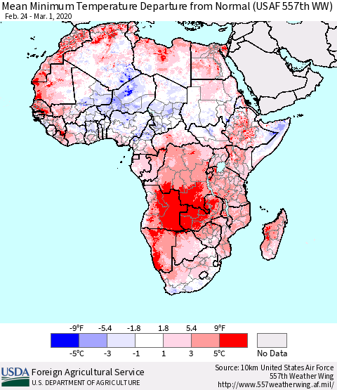 Africa Mean Minimum Temperature Departure from Normal (USAF 557th WW) Thematic Map For 2/24/2020 - 3/1/2020
