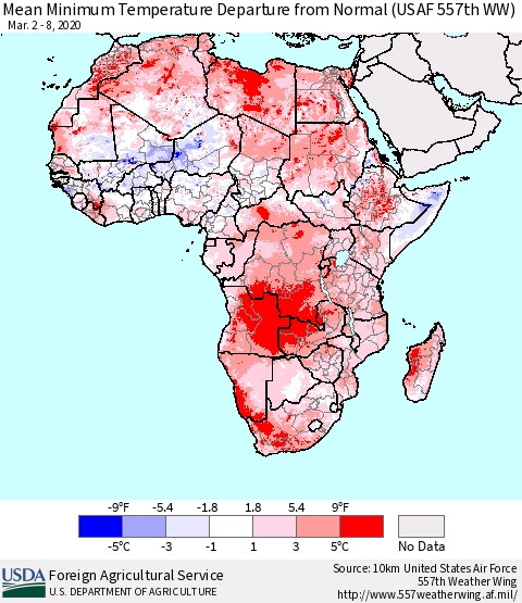 Africa Mean Minimum Temperature Departure from Normal (USAF 557th WW) Thematic Map For 3/2/2020 - 3/8/2020