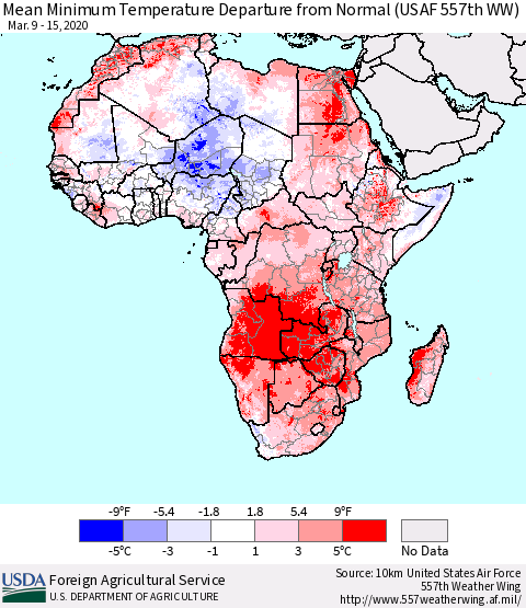 Africa Mean Minimum Temperature Departure from Normal (USAF 557th WW) Thematic Map For 3/9/2020 - 3/15/2020