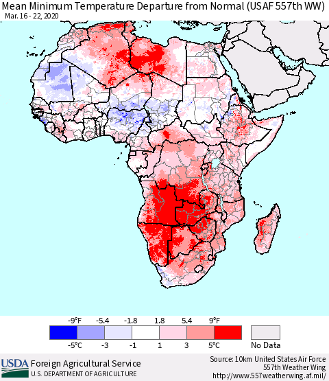Africa Mean Minimum Temperature Departure from Normal (USAF 557th WW) Thematic Map For 3/16/2020 - 3/22/2020