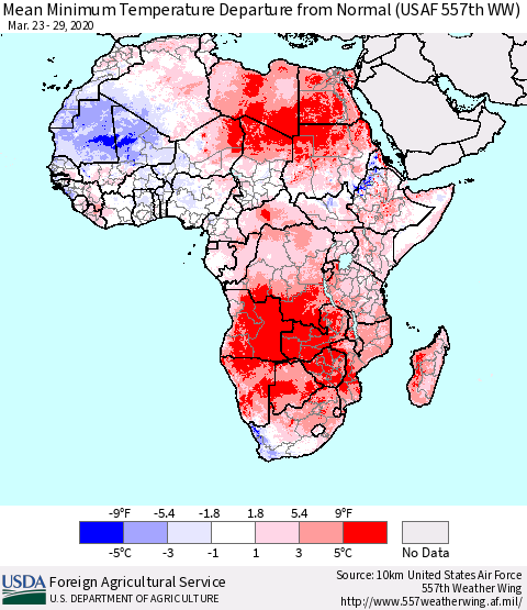 Africa Mean Minimum Temperature Departure from Normal (USAF 557th WW) Thematic Map For 3/23/2020 - 3/29/2020