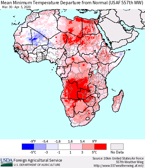 Africa Mean Minimum Temperature Departure from Normal (USAF 557th WW) Thematic Map For 3/30/2020 - 4/5/2020
