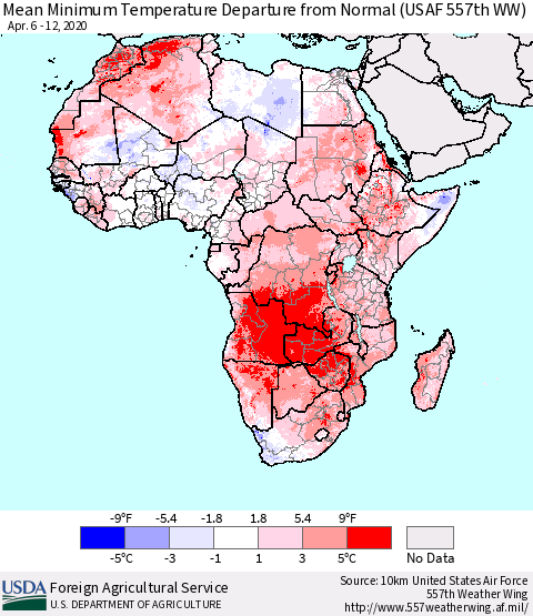 Africa Mean Minimum Temperature Departure from Normal (USAF 557th WW) Thematic Map For 4/6/2020 - 4/12/2020
