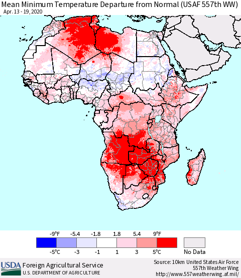 Africa Mean Minimum Temperature Departure from Normal (USAF 557th WW) Thematic Map For 4/13/2020 - 4/19/2020