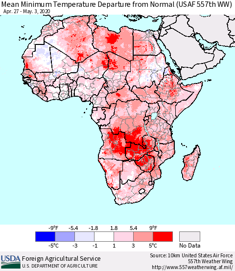 Africa Mean Minimum Temperature Departure from Normal (USAF 557th WW) Thematic Map For 4/27/2020 - 5/3/2020