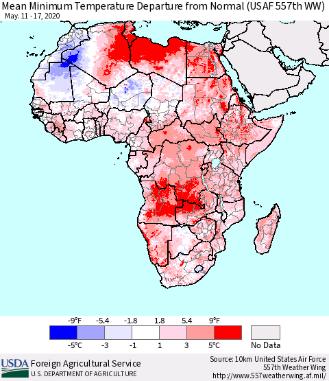 Africa Mean Minimum Temperature Departure from Normal (USAF 557th WW) Thematic Map For 5/11/2020 - 5/17/2020