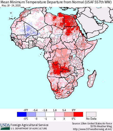 Africa Mean Minimum Temperature Departure from Normal (USAF 557th WW) Thematic Map For 5/18/2020 - 5/24/2020