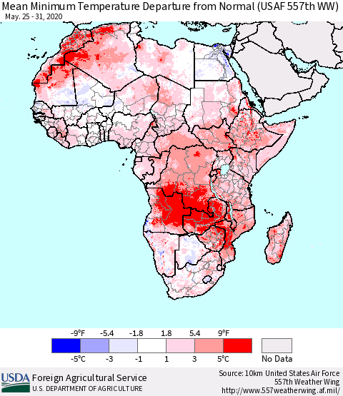 Africa Mean Minimum Temperature Departure from Normal (USAF 557th WW) Thematic Map For 5/25/2020 - 5/31/2020