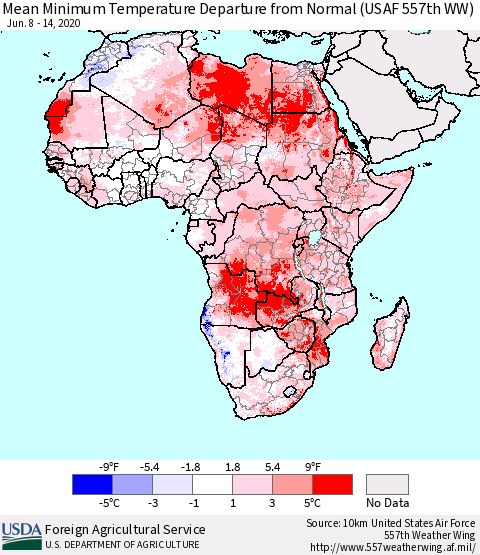 Africa Mean Minimum Temperature Departure from Normal (USAF 557th WW) Thematic Map For 6/8/2020 - 6/14/2020