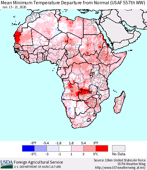 Africa Mean Minimum Temperature Departure from Normal (USAF 557th WW) Thematic Map For 6/15/2020 - 6/21/2020
