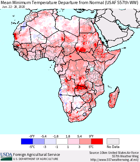 Africa Mean Minimum Temperature Departure from Normal (USAF 557th WW) Thematic Map For 6/22/2020 - 6/28/2020