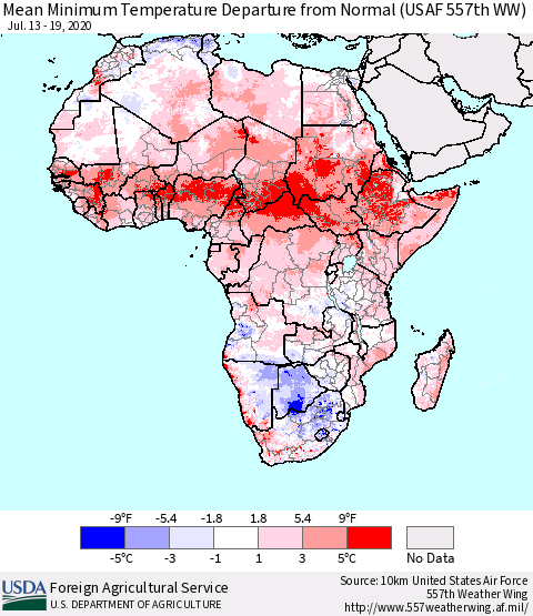 Africa Mean Minimum Temperature Departure from Normal (USAF 557th WW) Thematic Map For 7/13/2020 - 7/19/2020