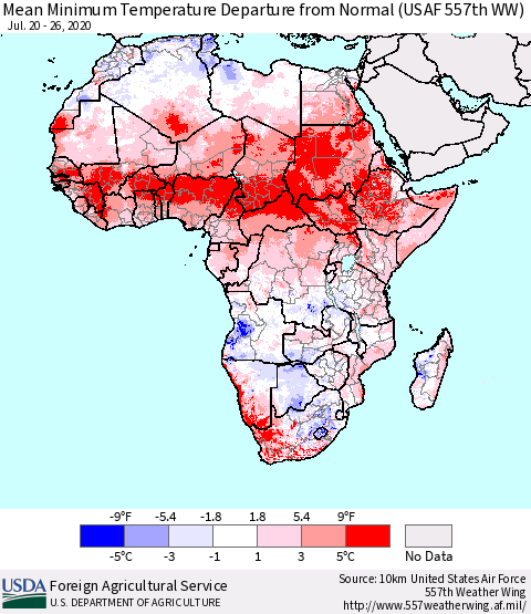 Africa Mean Minimum Temperature Departure from Normal (USAF 557th WW) Thematic Map For 7/20/2020 - 7/26/2020