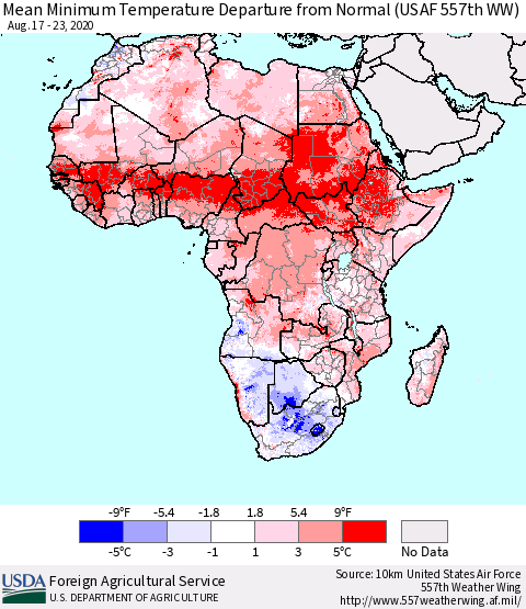 Africa Mean Minimum Temperature Departure from Normal (USAF 557th WW) Thematic Map For 8/17/2020 - 8/23/2020