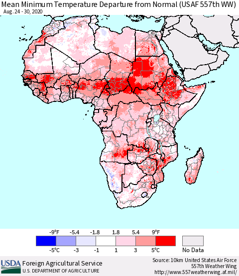 Africa Mean Minimum Temperature Departure from Normal (USAF 557th WW) Thematic Map For 8/24/2020 - 8/30/2020