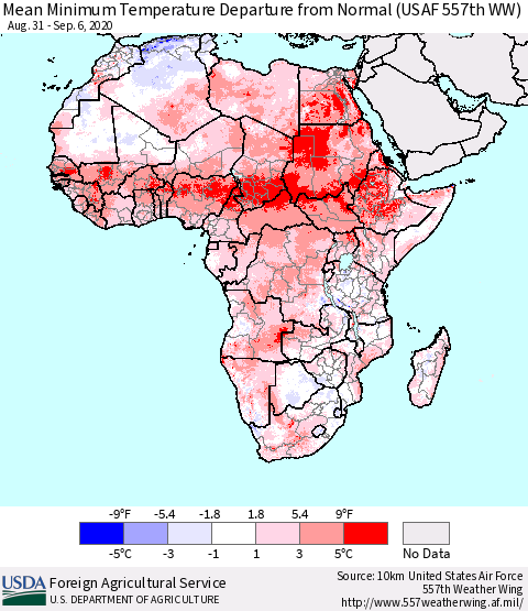 Africa Mean Minimum Temperature Departure from Normal (USAF 557th WW) Thematic Map For 8/31/2020 - 9/6/2020