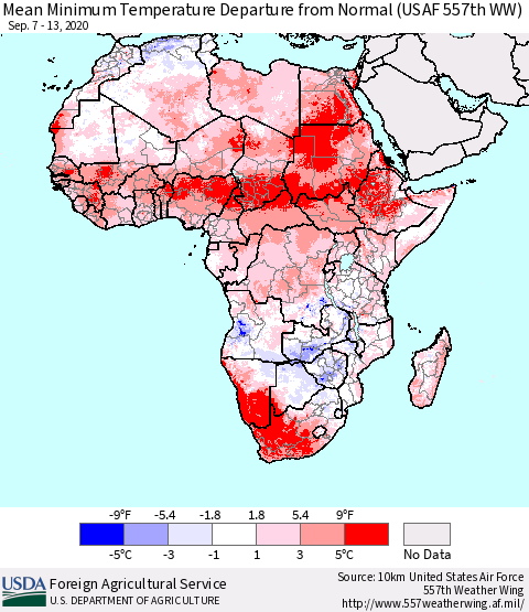 Africa Mean Minimum Temperature Departure from Normal (USAF 557th WW) Thematic Map For 9/7/2020 - 9/13/2020
