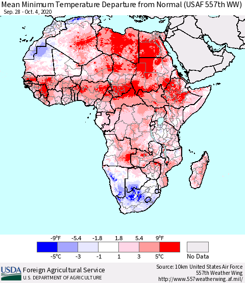 Africa Mean Minimum Temperature Departure from Normal (USAF 557th WW) Thematic Map For 9/28/2020 - 10/4/2020