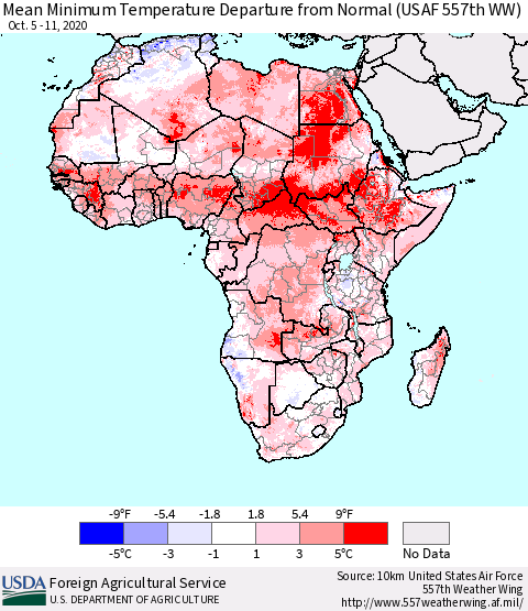 Africa Mean Minimum Temperature Departure from Normal (USAF 557th WW) Thematic Map For 10/5/2020 - 10/11/2020