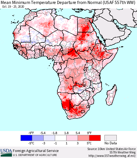 Africa Mean Minimum Temperature Departure from Normal (USAF 557th WW) Thematic Map For 10/19/2020 - 10/25/2020