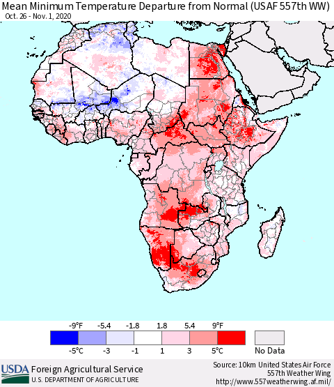 Africa Mean Minimum Temperature Departure from Normal (USAF 557th WW) Thematic Map For 10/26/2020 - 11/1/2020