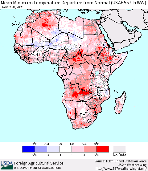 Africa Mean Minimum Temperature Departure from Normal (USAF 557th WW) Thematic Map For 11/2/2020 - 11/8/2020