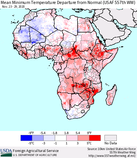Africa Mean Minimum Temperature Departure from Normal (USAF 557th WW) Thematic Map For 11/23/2020 - 11/29/2020