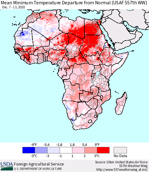 Africa Mean Minimum Temperature Departure from Normal (USAF 557th WW) Thematic Map For 12/7/2020 - 12/13/2020