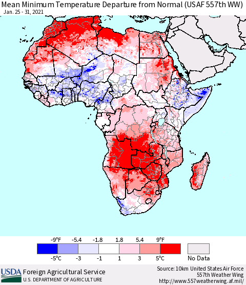 Africa Mean Minimum Temperature Departure from Normal (USAF 557th WW) Thematic Map For 1/25/2021 - 1/31/2021