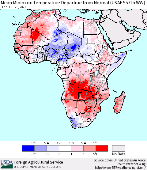 Africa Mean Minimum Temperature Departure from Normal (USAF 557th WW) Thematic Map For 2/15/2021 - 2/21/2021