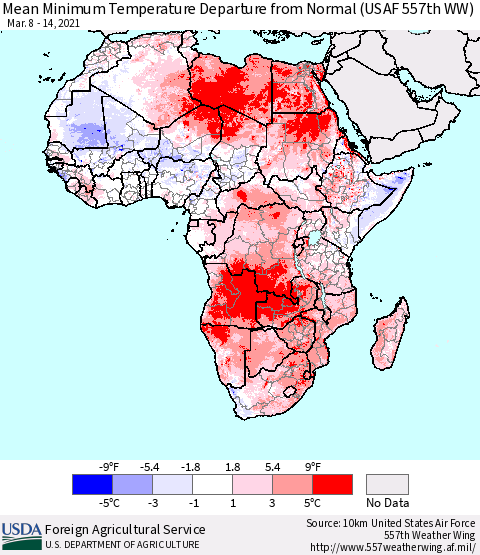 Africa Mean Minimum Temperature Departure from Normal (USAF 557th WW) Thematic Map For 3/8/2021 - 3/14/2021
