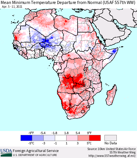 Africa Mean Minimum Temperature Departure from Normal (USAF 557th WW) Thematic Map For 4/5/2021 - 4/11/2021