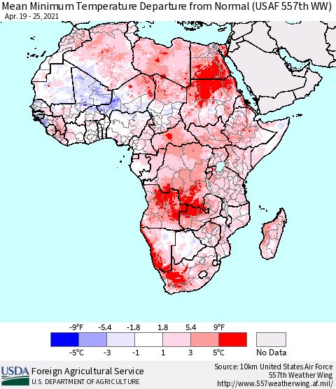 Africa Mean Minimum Temperature Departure from Normal (USAF 557th WW) Thematic Map For 4/19/2021 - 4/25/2021