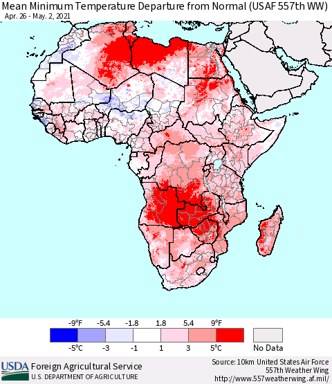 Africa Mean Minimum Temperature Departure from Normal (USAF 557th WW) Thematic Map For 4/26/2021 - 5/2/2021