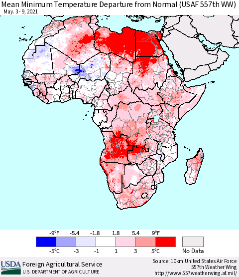 Africa Mean Minimum Temperature Departure from Normal (USAF 557th WW) Thematic Map For 5/3/2021 - 5/9/2021