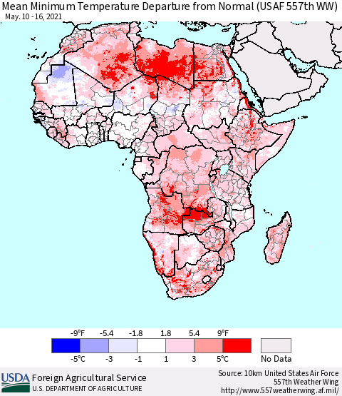 Africa Mean Minimum Temperature Departure from Normal (USAF 557th WW) Thematic Map For 5/10/2021 - 5/16/2021