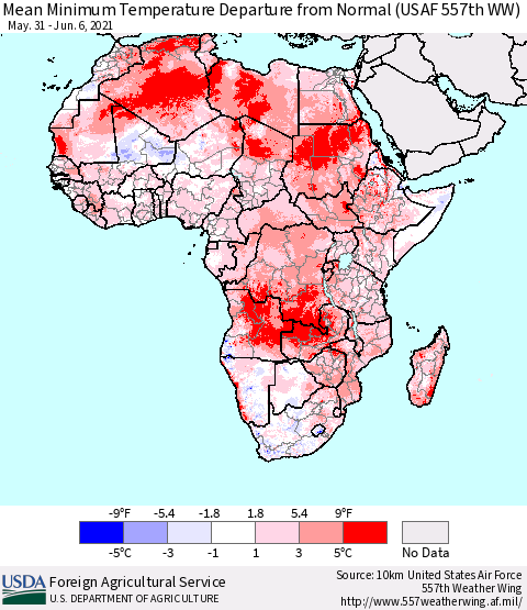 Africa Mean Minimum Temperature Departure from Normal (USAF 557th WW) Thematic Map For 5/31/2021 - 6/6/2021