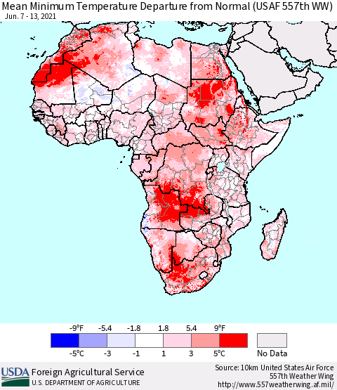 Africa Mean Minimum Temperature Departure from Normal (USAF 557th WW) Thematic Map For 6/7/2021 - 6/13/2021