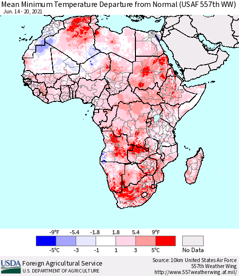 Africa Mean Minimum Temperature Departure from Normal (USAF 557th WW) Thematic Map For 6/14/2021 - 6/20/2021