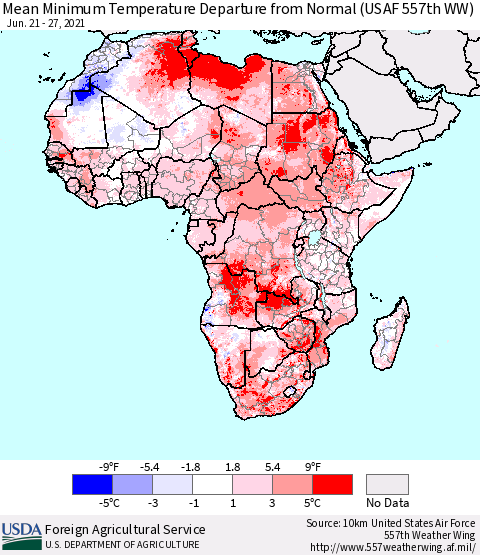 Africa Mean Minimum Temperature Departure from Normal (USAF 557th WW) Thematic Map For 6/21/2021 - 6/27/2021