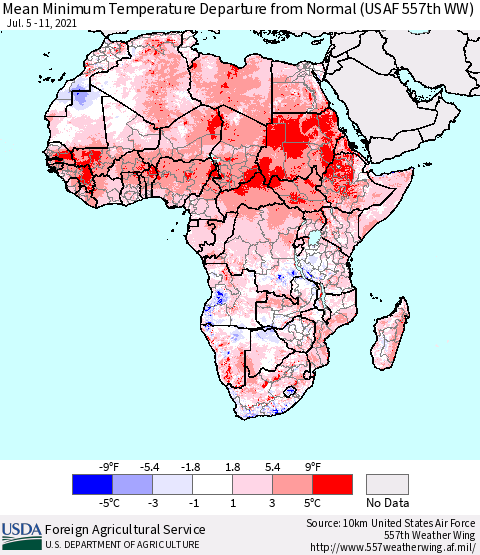Africa Mean Minimum Temperature Departure from Normal (USAF 557th WW) Thematic Map For 7/5/2021 - 7/11/2021