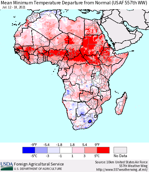 Africa Mean Minimum Temperature Departure from Normal (USAF 557th WW) Thematic Map For 7/12/2021 - 7/18/2021