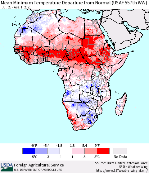 Africa Mean Minimum Temperature Departure from Normal (USAF 557th WW) Thematic Map For 7/26/2021 - 8/1/2021