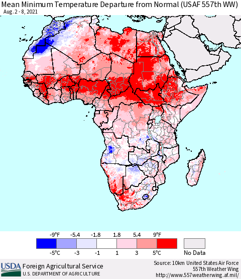 Africa Mean Minimum Temperature Departure from Normal (USAF 557th WW) Thematic Map For 8/2/2021 - 8/8/2021
