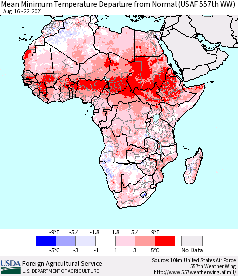 Africa Mean Minimum Temperature Departure from Normal (USAF 557th WW) Thematic Map For 8/16/2021 - 8/22/2021
