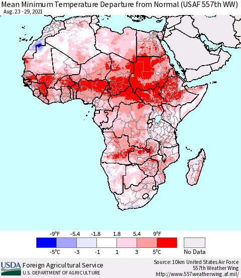 Africa Mean Minimum Temperature Departure from Normal (USAF 557th WW) Thematic Map For 8/23/2021 - 8/29/2021
