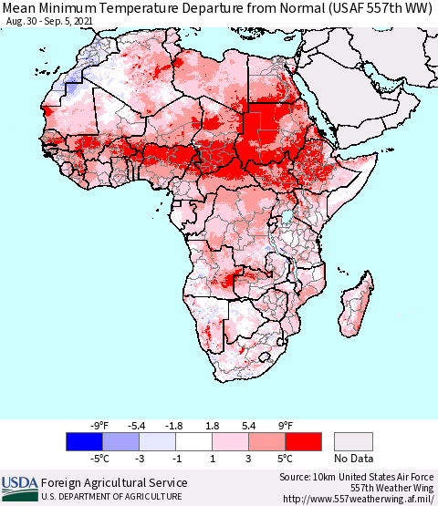 Africa Mean Minimum Temperature Departure from Normal (USAF 557th WW) Thematic Map For 8/30/2021 - 9/5/2021