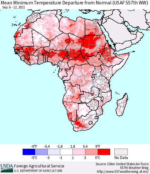 Africa Mean Minimum Temperature Departure from Normal (USAF 557th WW) Thematic Map For 9/6/2021 - 9/12/2021
